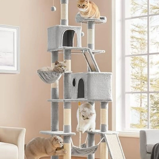 Light Gray Cat Tower 82.5in with Hammock Scratching Posts 2 Condos 2 Perches Basket for Large Cats Multi-Level Cat Tree