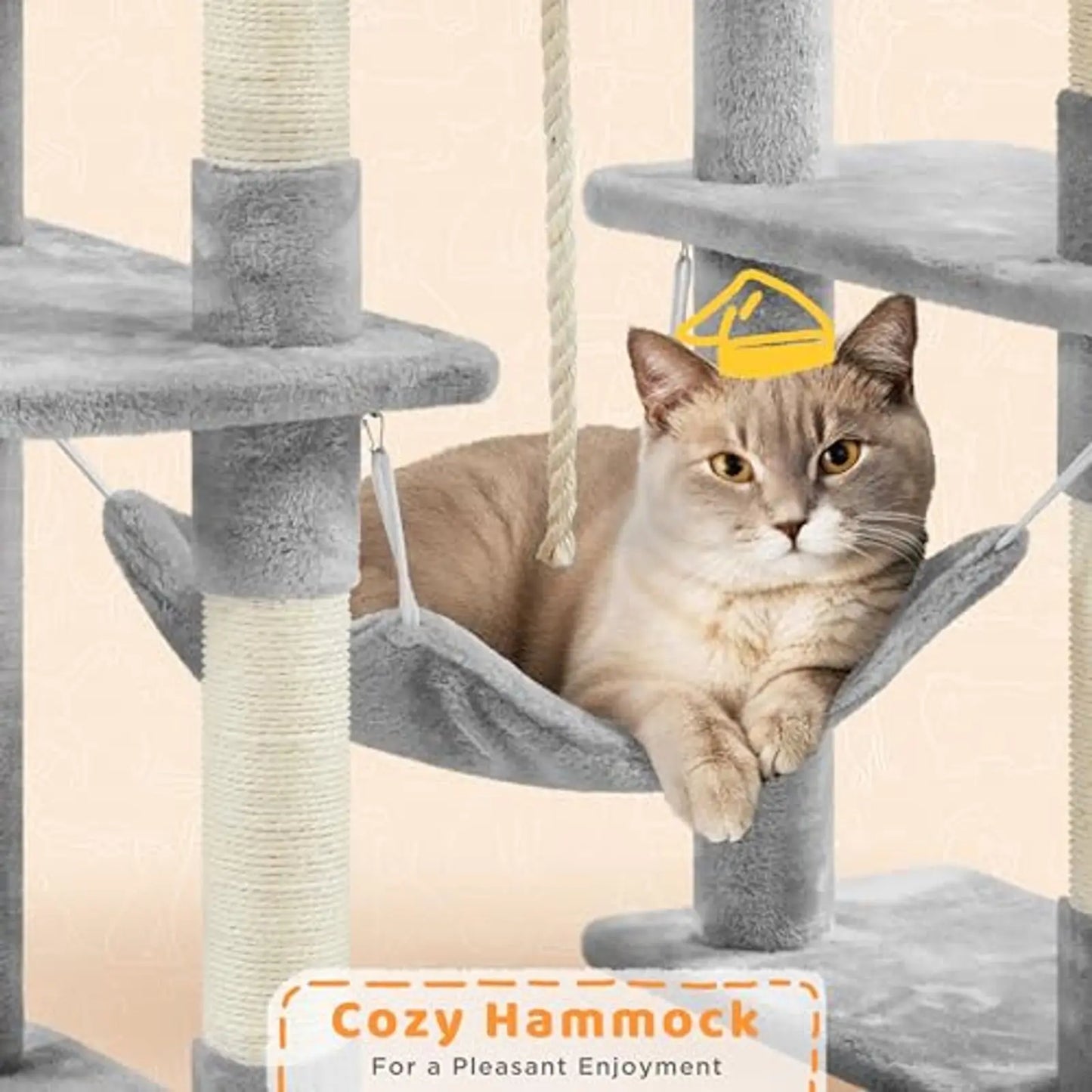 Light Gray Cat Tower 82.5in with Hammock Scratching Posts 2 Condos 2 Perches Basket for Large Cats Multi-Level Cat Tree