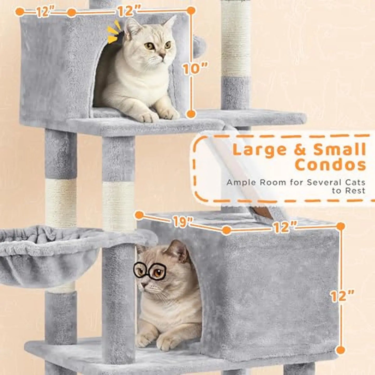 Light Gray Cat Tower 82.5in with Hammock Scratching Posts 2 Condos 2 Perches Basket for Large Cats Multi-Level Cat Tree