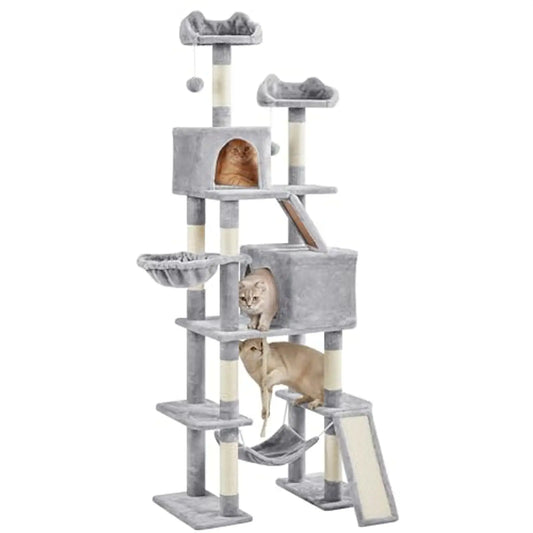Light Gray Cat Tower 82.5in with Hammock Scratching Posts 2 Condos 2 Perches Basket for Large Cats Multi-Level Cat Tree